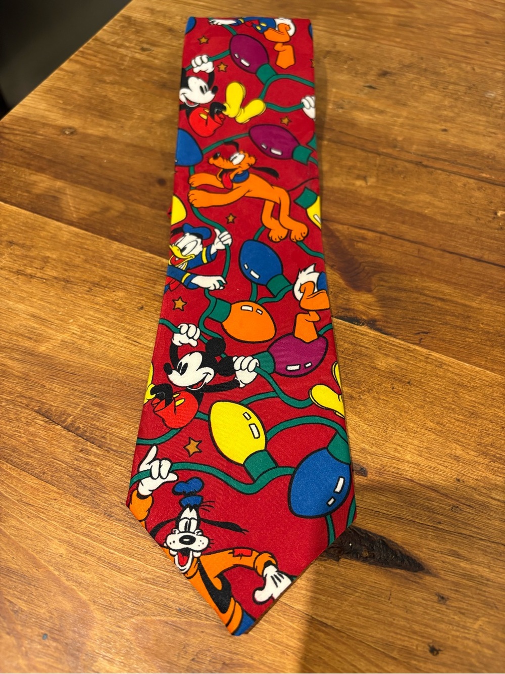 Disney Red Men’s Tie with Mickey, Donald, Goofy & Colorful Lights